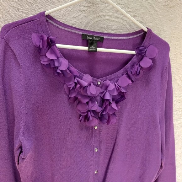 White House Black Market Purple Flower Applique Design 60s look Sweater T-384 LG - Picture 5 of 12